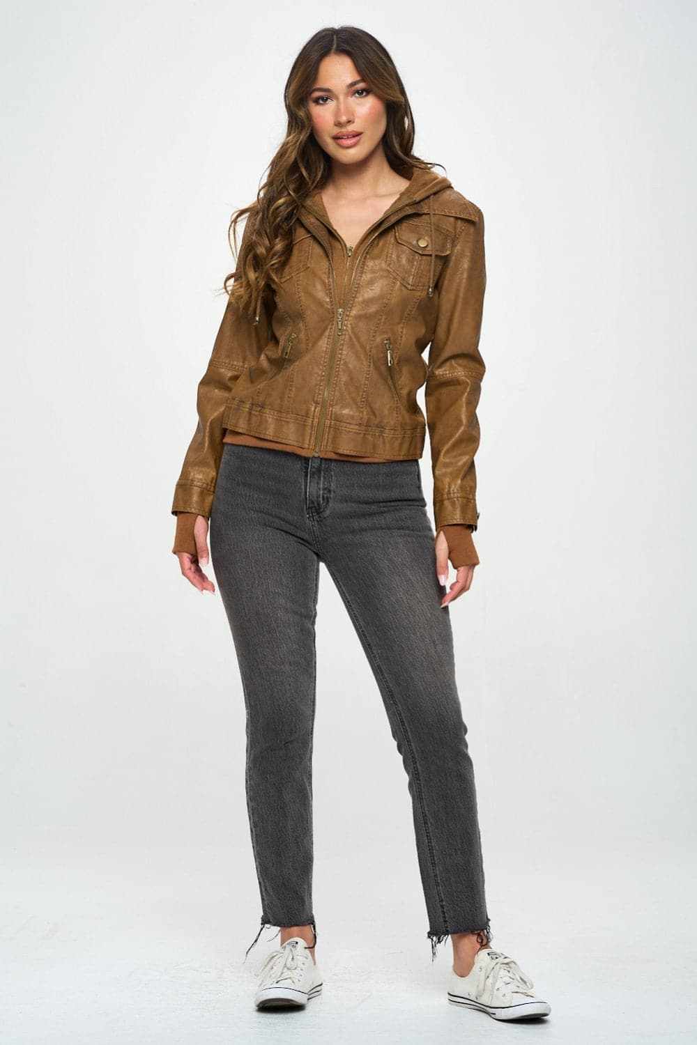 Hooded double zip jacket - vegan leather - Love Salve